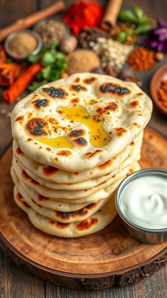 Golden brown gluten-free naan bread stacked on a wooden board with a bowl of yogurt dip and spices in the background.